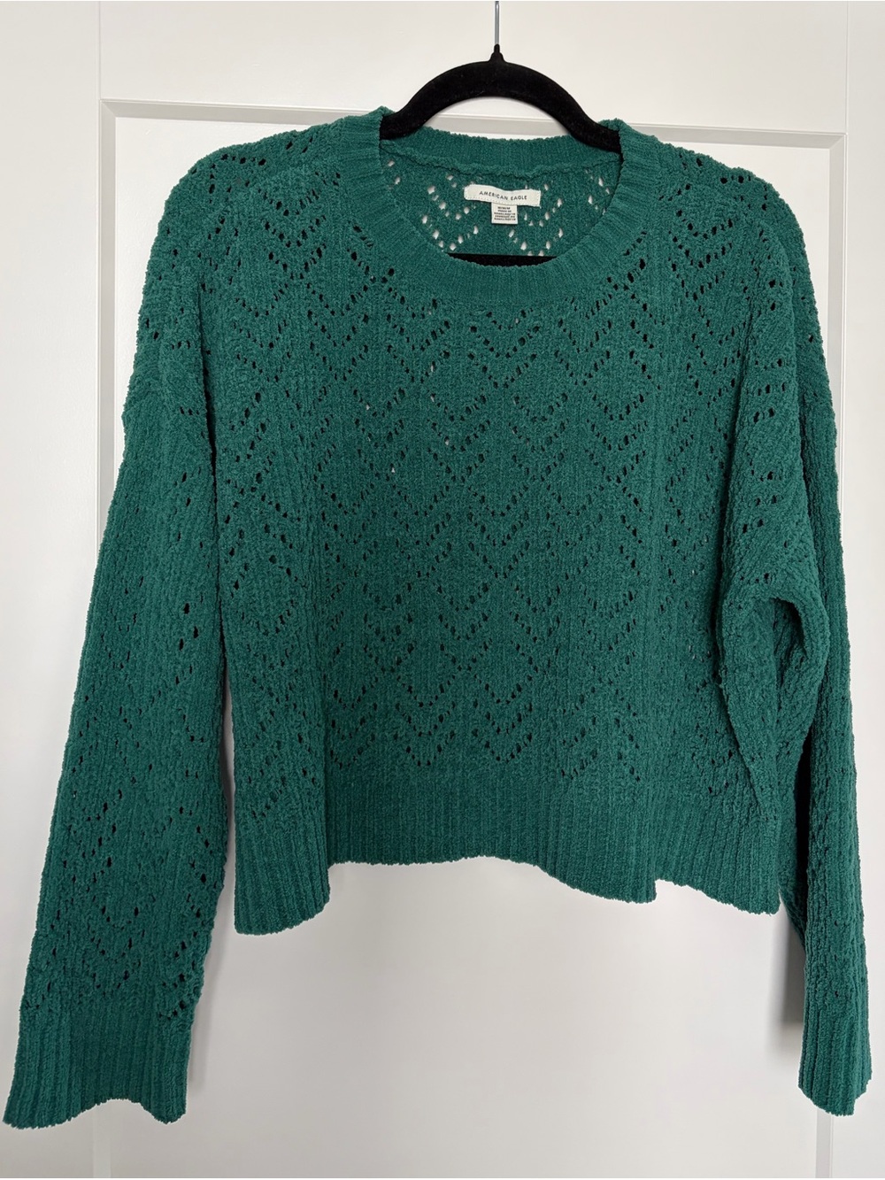 American Eagle Green Open-Knit Cropped Crewneck Sweater